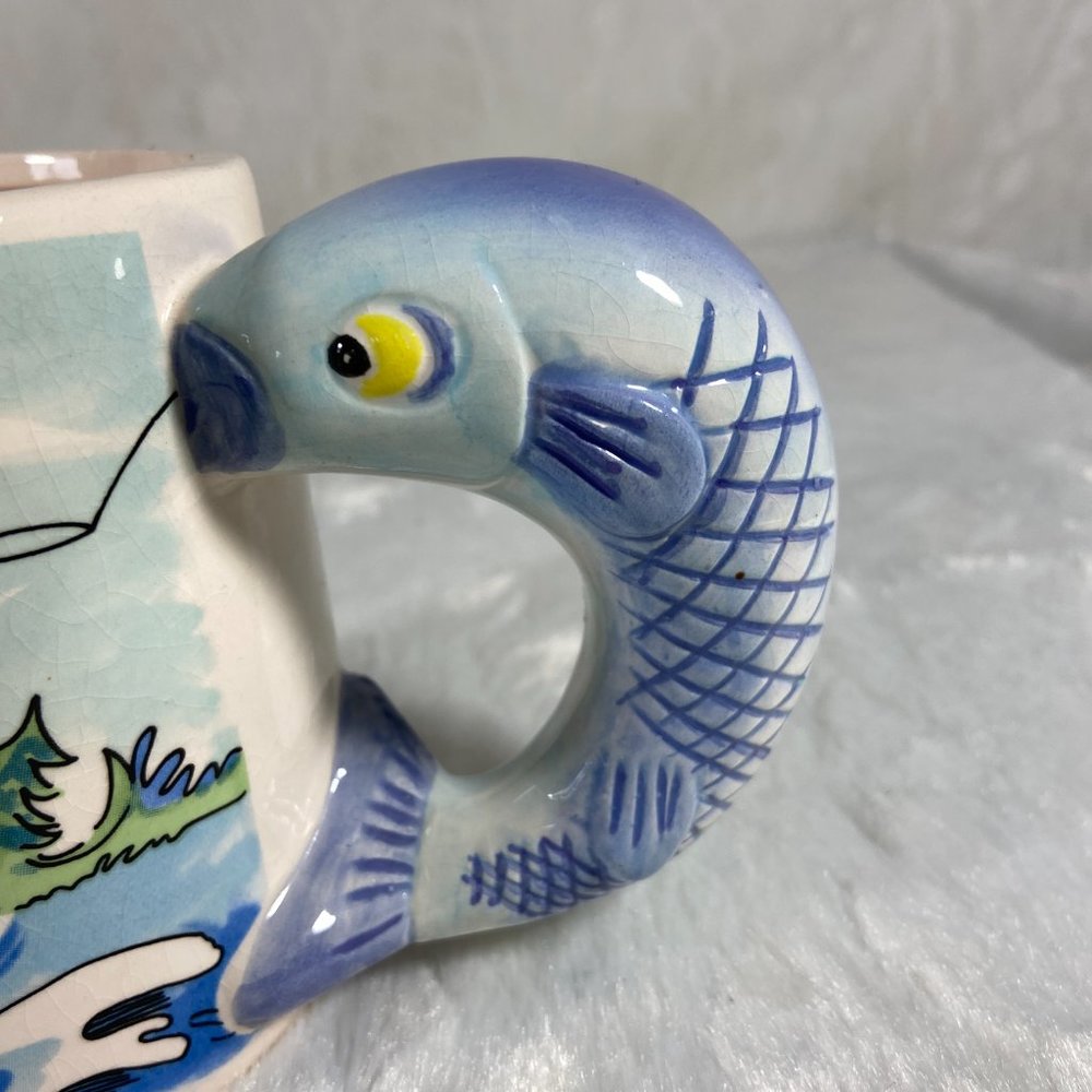 Russ "You're The Catch of the Year" Ceramic Fishing Mug Cup Fish Handle Vintage - Picture 7 of 11